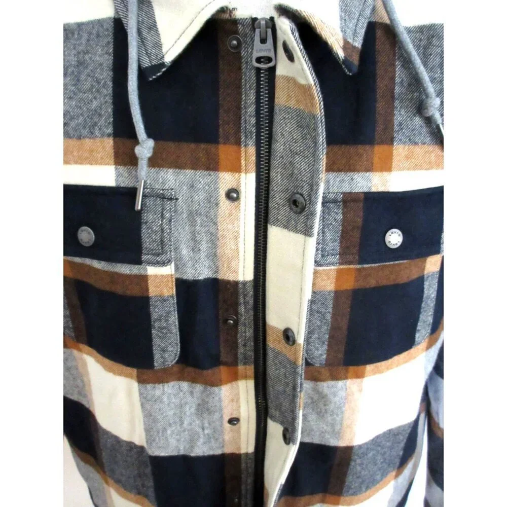 Levi's Men's Cotton Putty Brown Plaid Sherpa Lined Hooded Shirt Jacket NWT - Picture 5 of 8